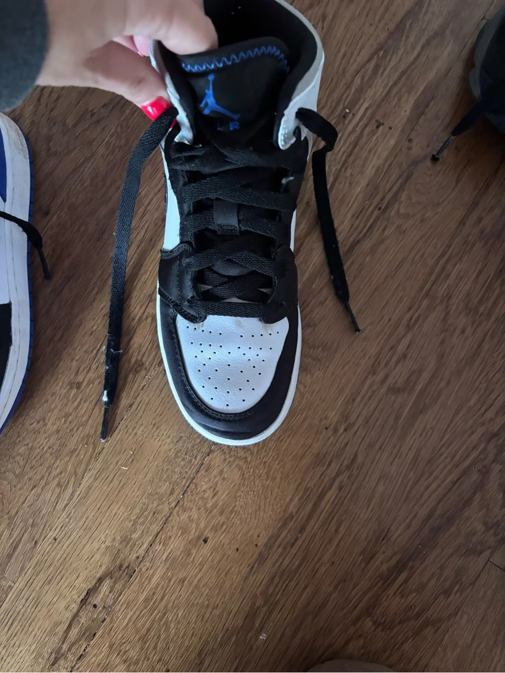 Nike Jordan 1s Kids Black, White and Blue Mid-Top Sneakers